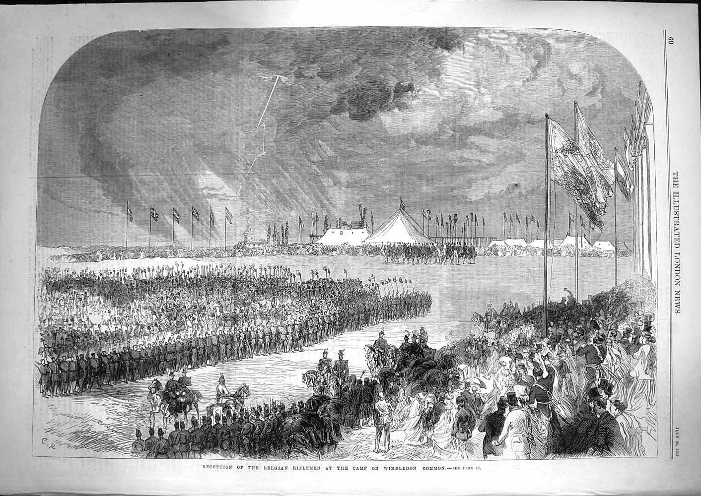 Antique Old Print *3625 1867 Reception Belgian Riflemen Camp Wimbledon Common