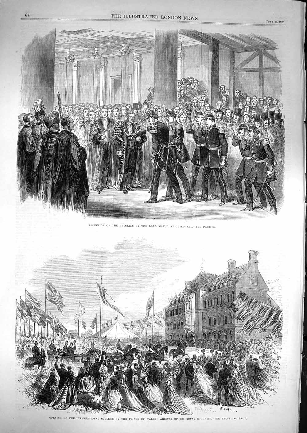 Old Antique Print 1867 Belgians Lord Mayor Guildhall College Prince Wales 19th