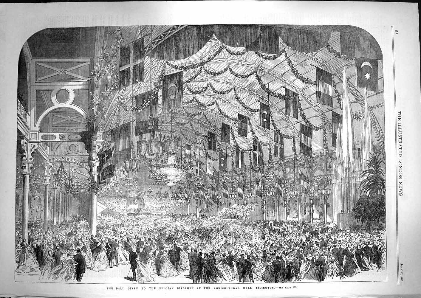 Old Antique Print 1867 Ball Belgian Riflemen Agricultural Hall Islington 19th