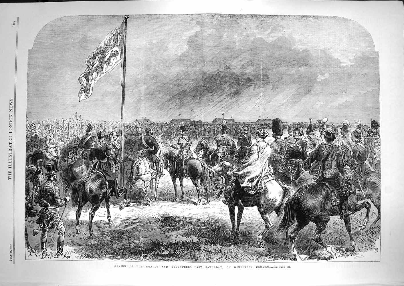 Original Old Antique Print 1867 Review Guards Volunteers Wimbledon Common Siers