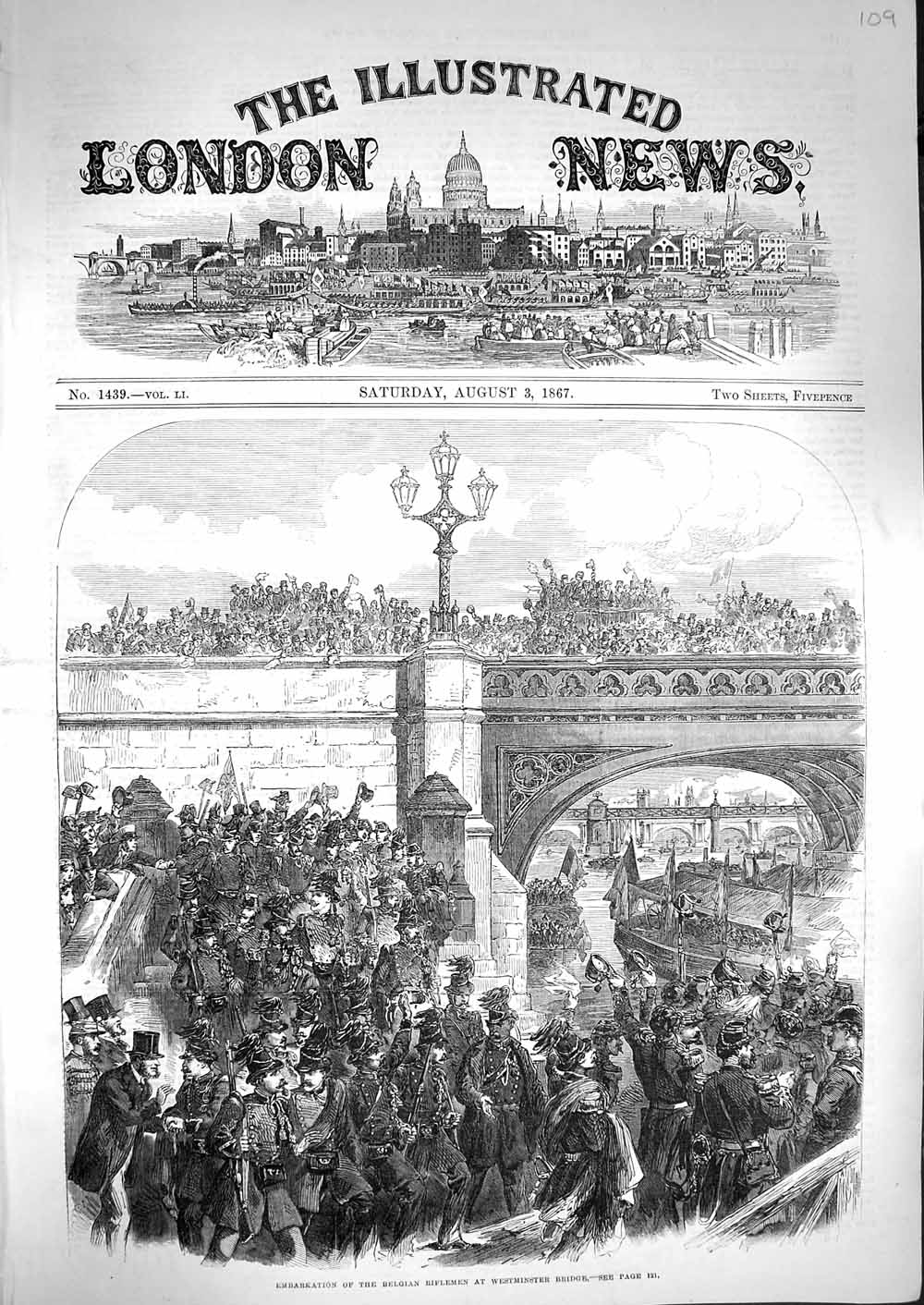 Original Old Antique Print 1867 Belgian Riflemen Siers Westminster Bridge War