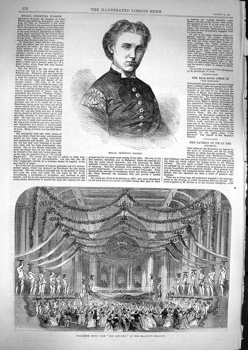 Old Antique Print 1867 Christine Nilsson Majesty'S Theatre Don Giovanni 19th