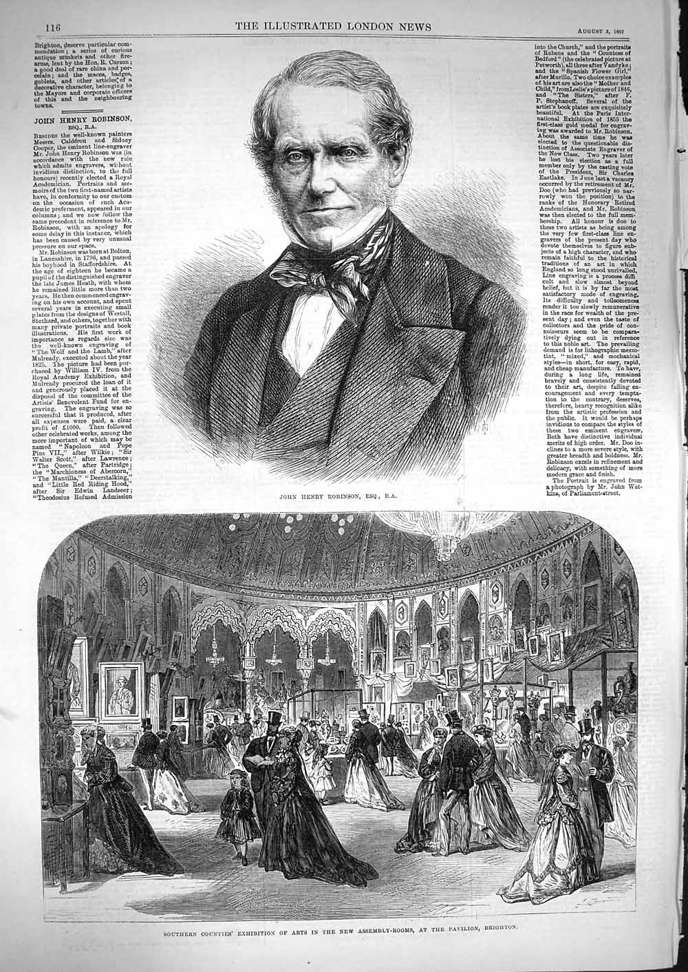 Original Old Antique Print 1867 John Henry Robinson Arts Pavilion Brighton 19th