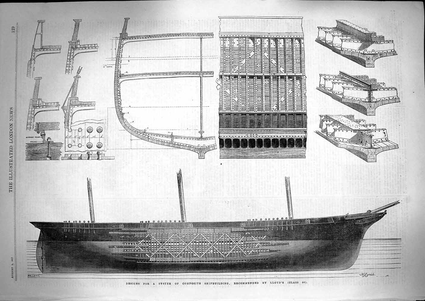 Original Old Antique Print 1867 Design System Composite Shipbuilding Lloyds