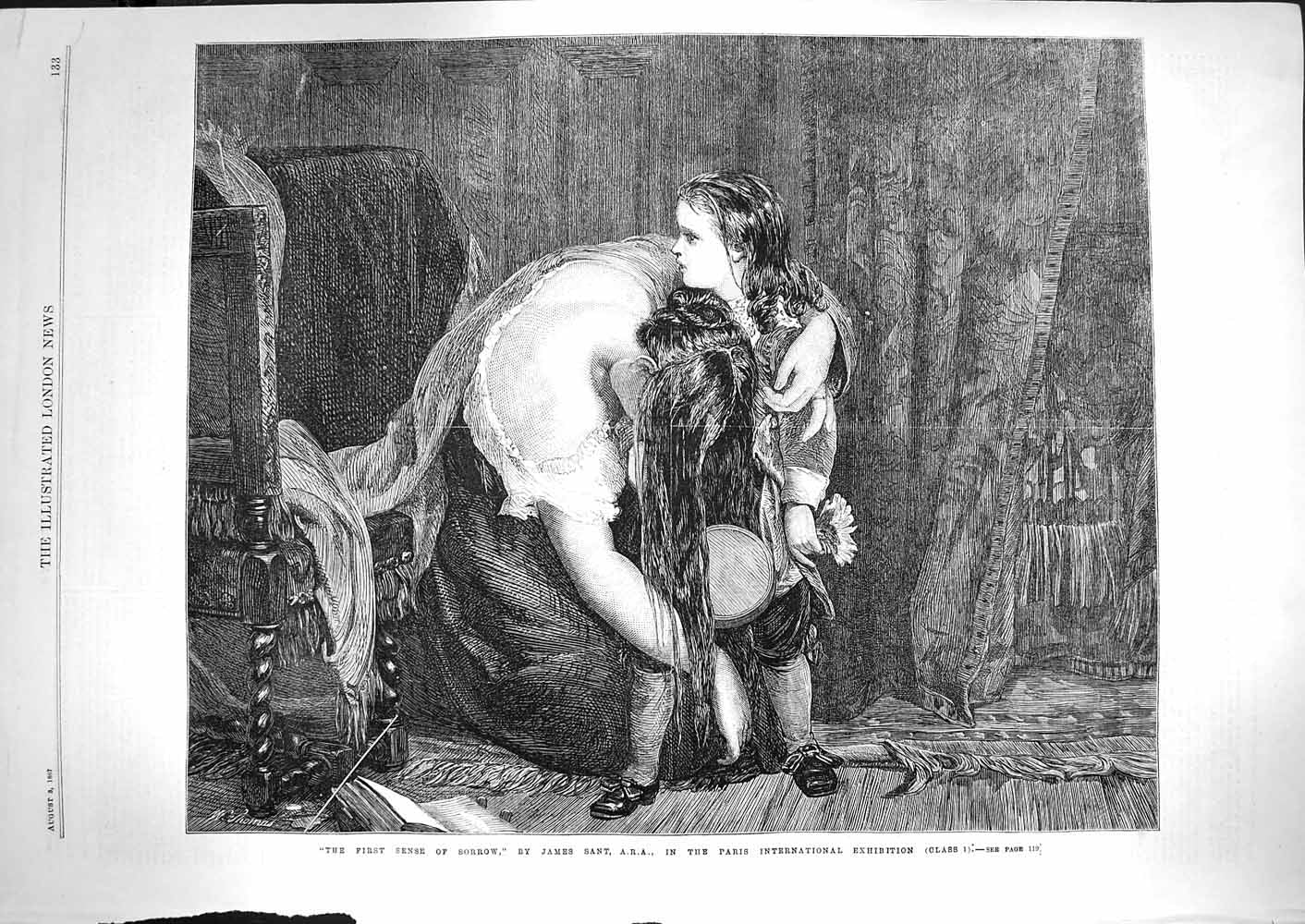 Original Old Antique Print 1867 First Sense Sorrow Mother Little Boy James Sant