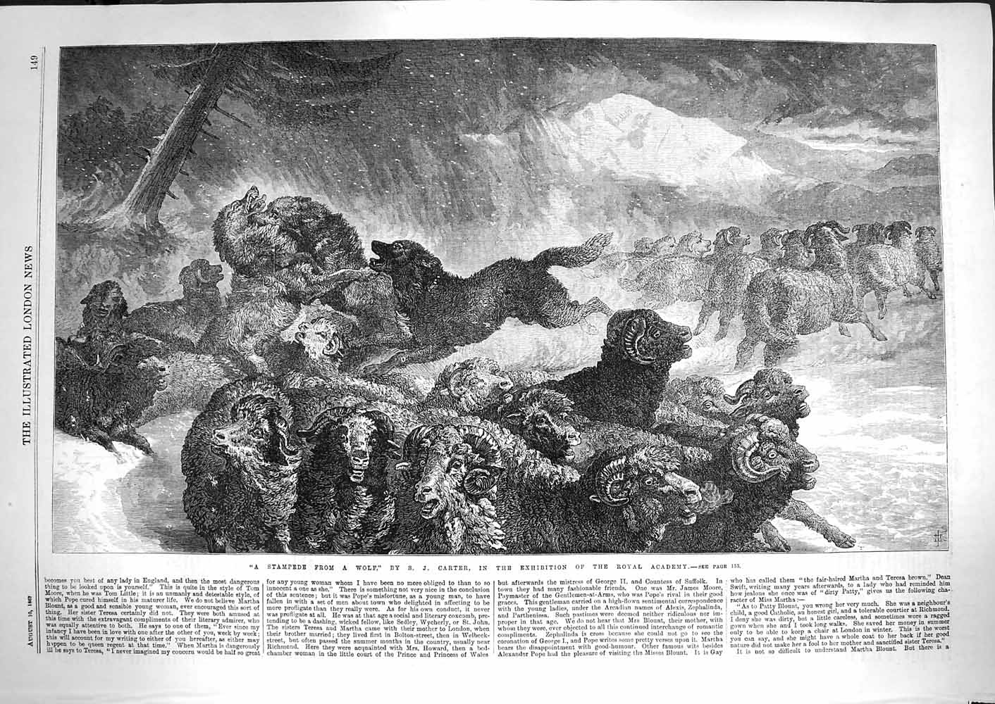 Original Old Antique Print 1867 Stampede Wolf Sheep Animals Carter Fine Art