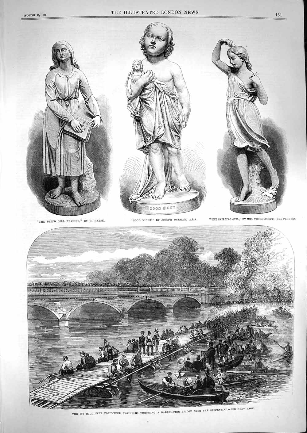 Old Antique Print 1867 Middlesex Engineers Serpentine Statue Durham Halse 19th
