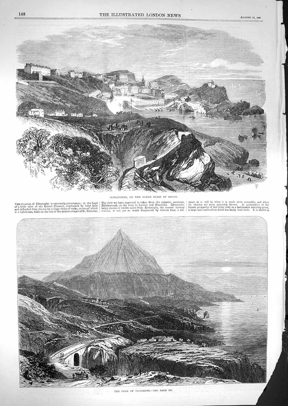 Original Old Antique Print 1867 Ilfracombe Devon Peak Tenerife Mountain Volcano