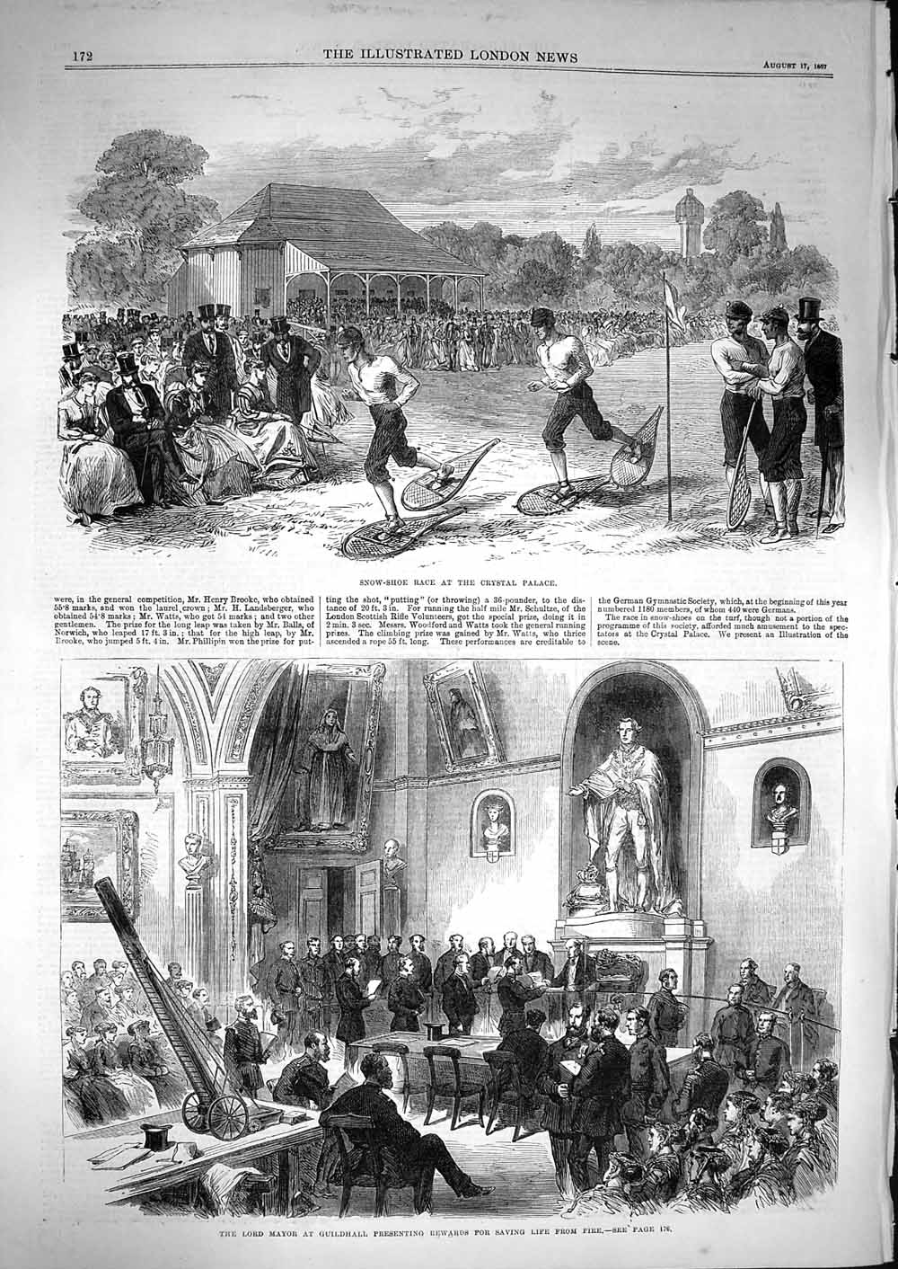 Old Antique Print 1867 Snow-Shoe Race Crystal Palace Lord Mayor Guildhall 19th