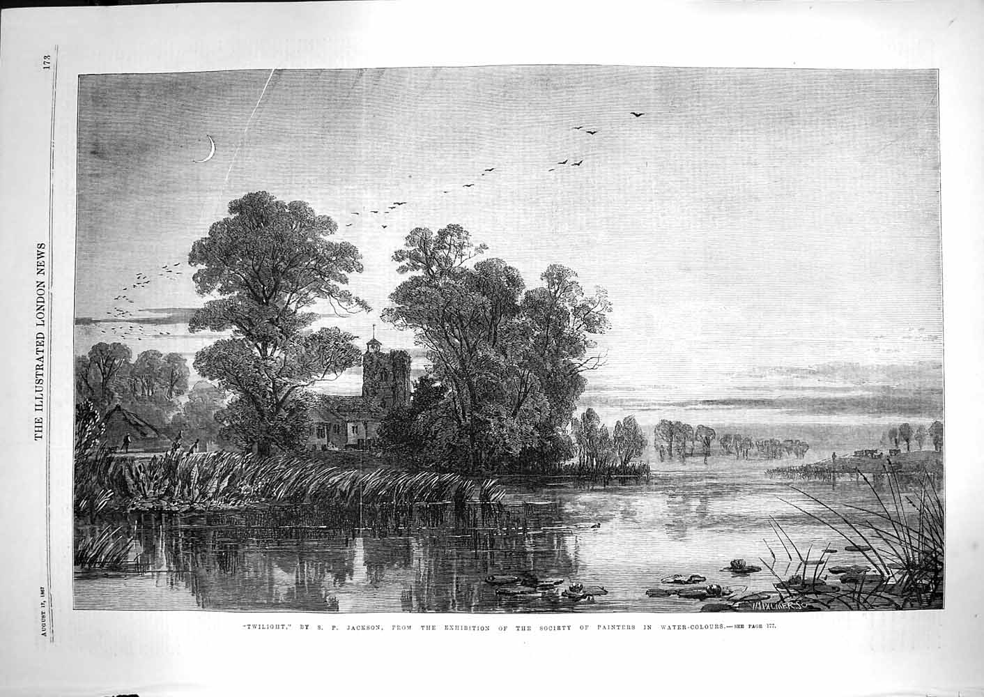 Original Old Antique Print 1867 Twilight Moon Trees Lake Jackson Fine Art 19th