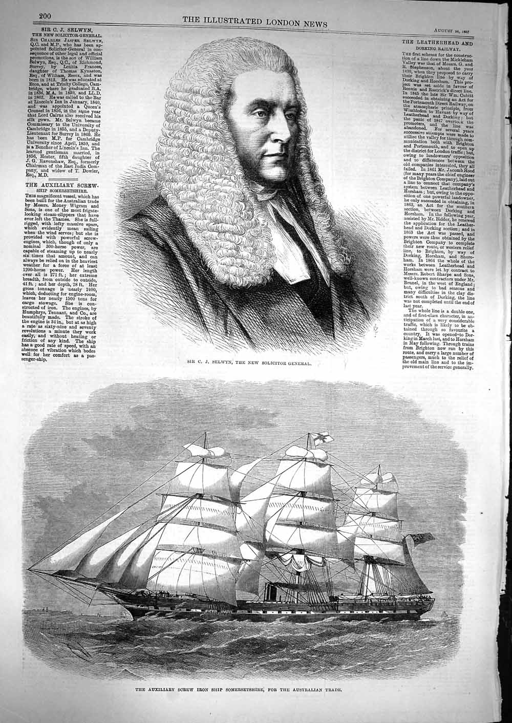 Original Old Antique Print 1867 Sir Selwyn Solicitor General Ship Somersetshire