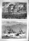 Original Old Antique Print 1867 Fire Newcastle-On-Tyne Ship Wreck Lapland White