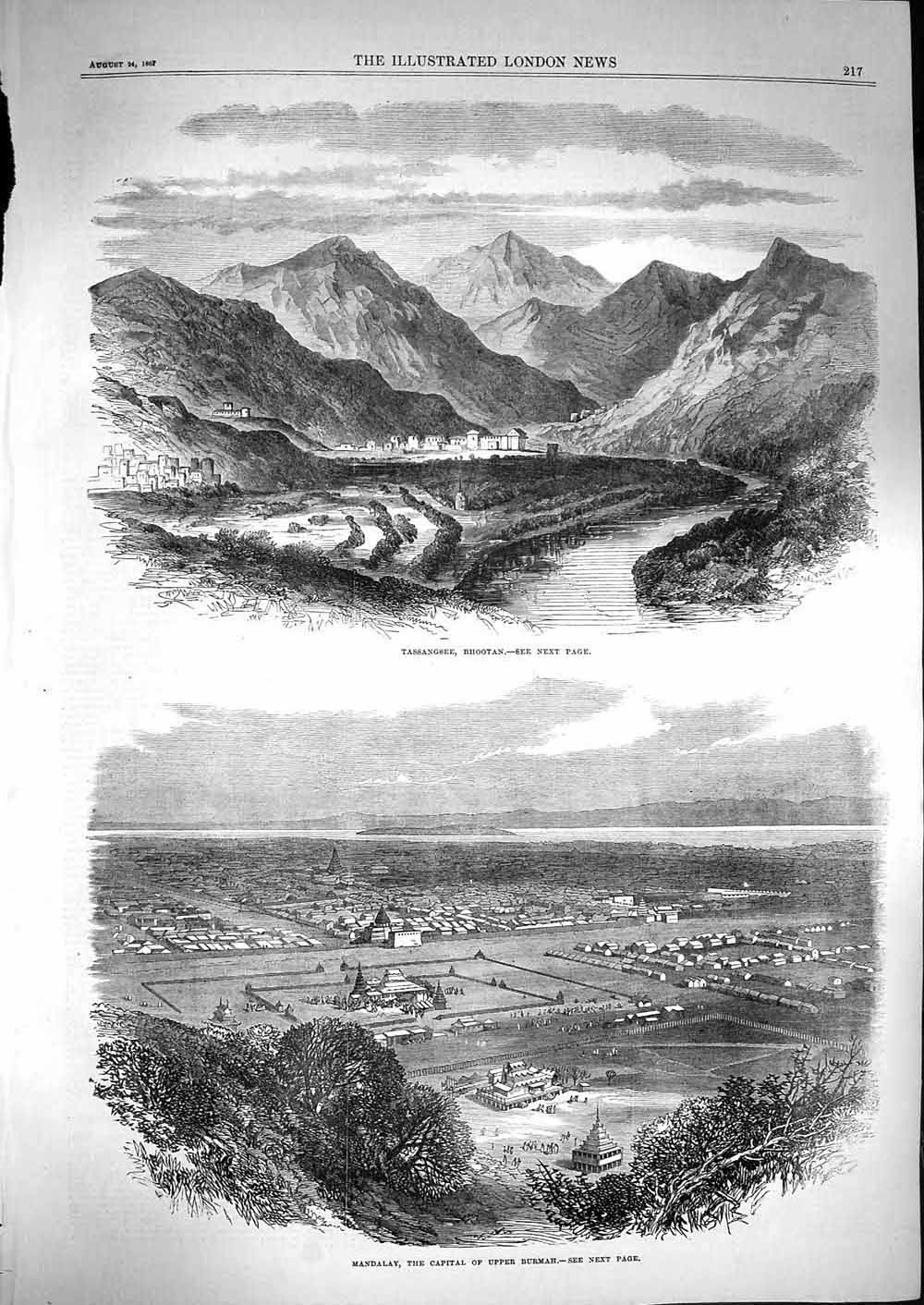 Original Old Antique Print 1867 Tassangsee Bhootan Mandalay Burmah Mountains