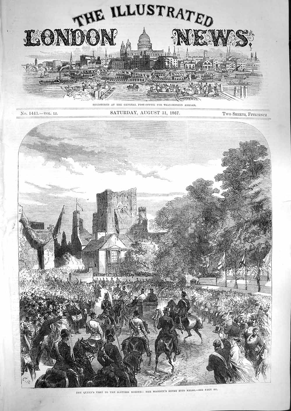 Original Old Antique Print 1867 Queen Scottish Border Entry Kelso Horse 19th