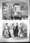 Original Old Antique Print 1867 Statue Teniers Antwerp Paris Fashion September
