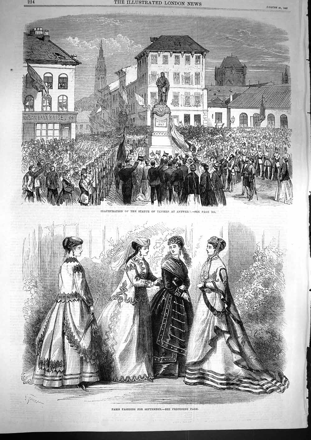 Original Old Antique Print 1867 Statue Teniers Antwerp Paris Fashion September