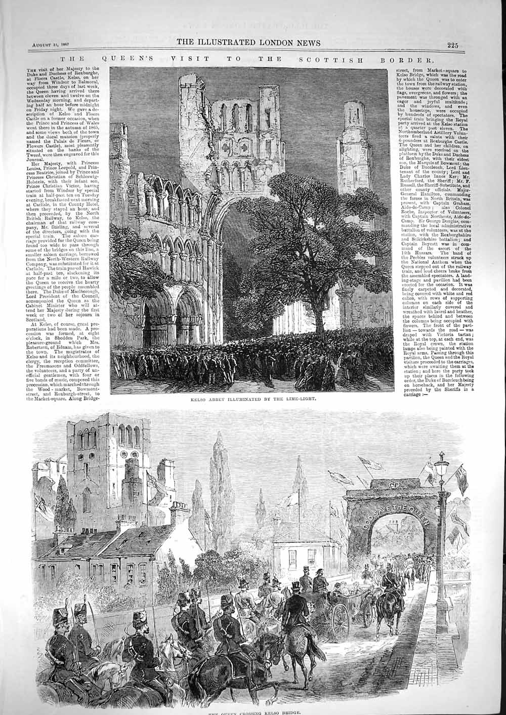Original Old Antique Print 1867 Queen Kelso Abbey Floors Castle Scotland 19th