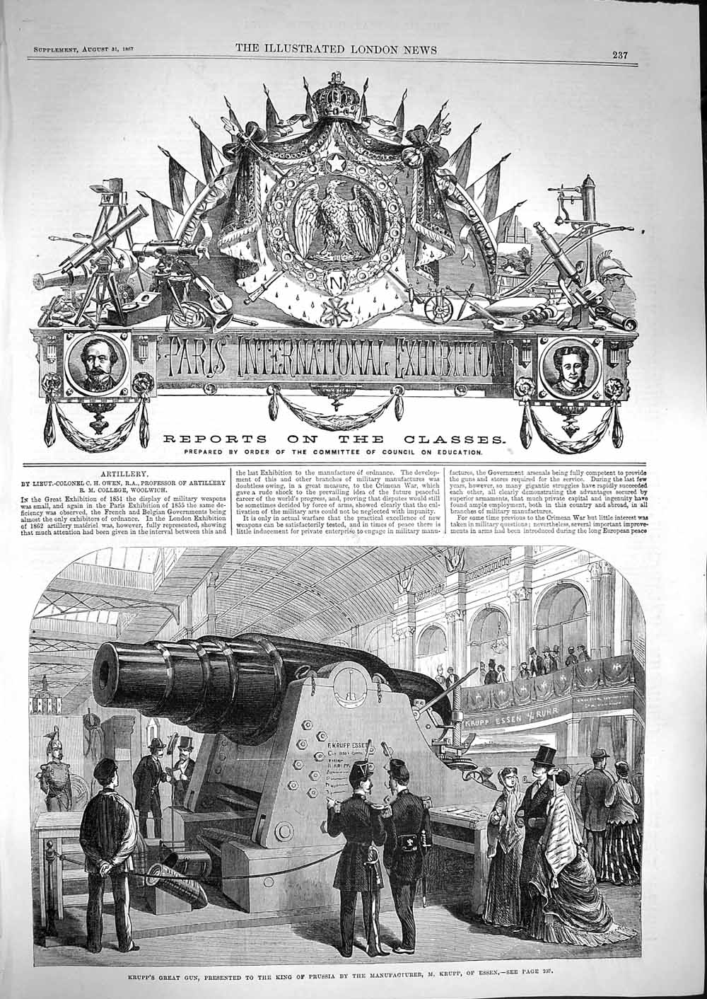 Original Old Antique Print 1867 Paris Exhibition Krupp Gun Medicine Pannie 19th