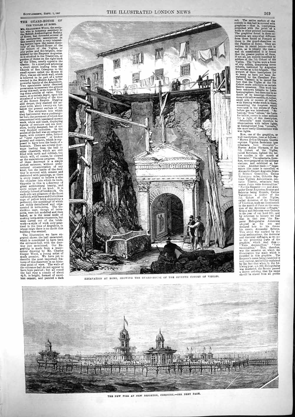 Original Old Antique Print 1867 Pier Brighton Cheshire Rome Guard-House Cohort