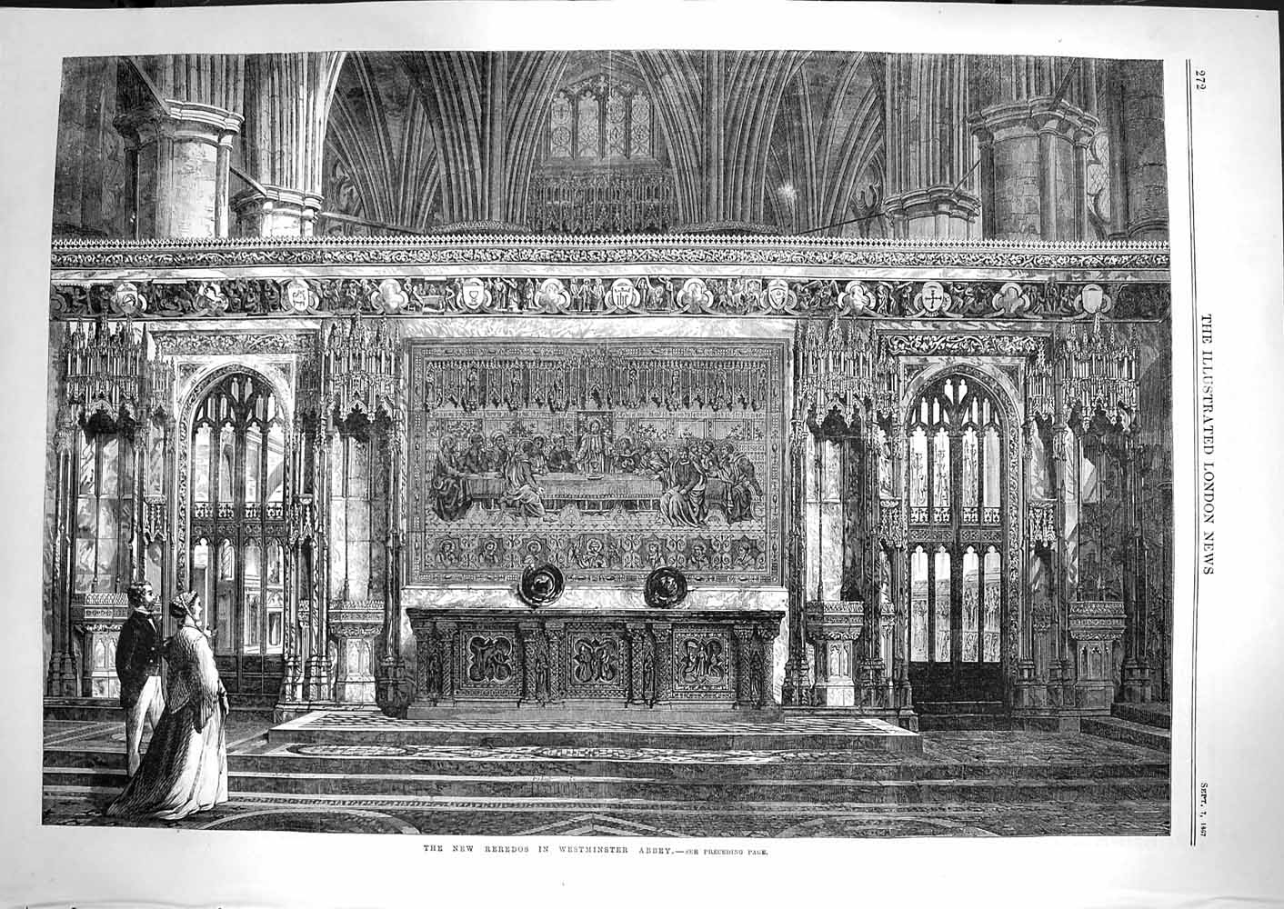 Original Old Antique Print 1867 Reredos Westminster Abbey Architecture Fine Art