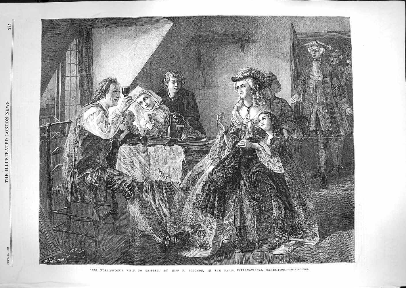 Old Antique Print 1867 Peg Woffington Visit Triplet Children Solomon Art 19th
