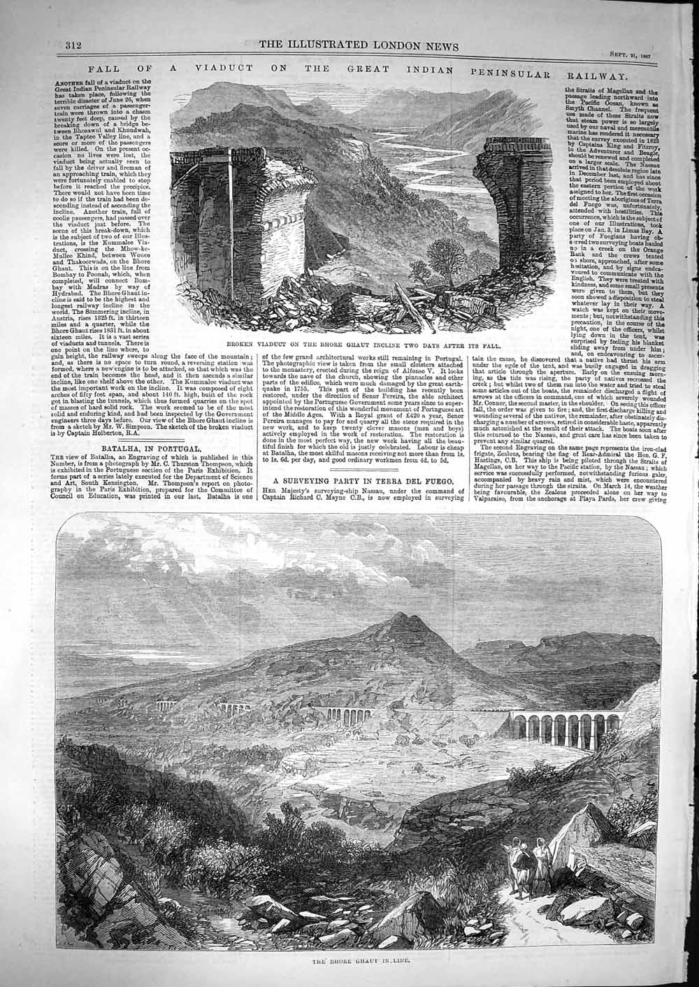 Original Old Antique Print 1867 Bhore Ghaut Incline Viaduct Indian Railway 19th