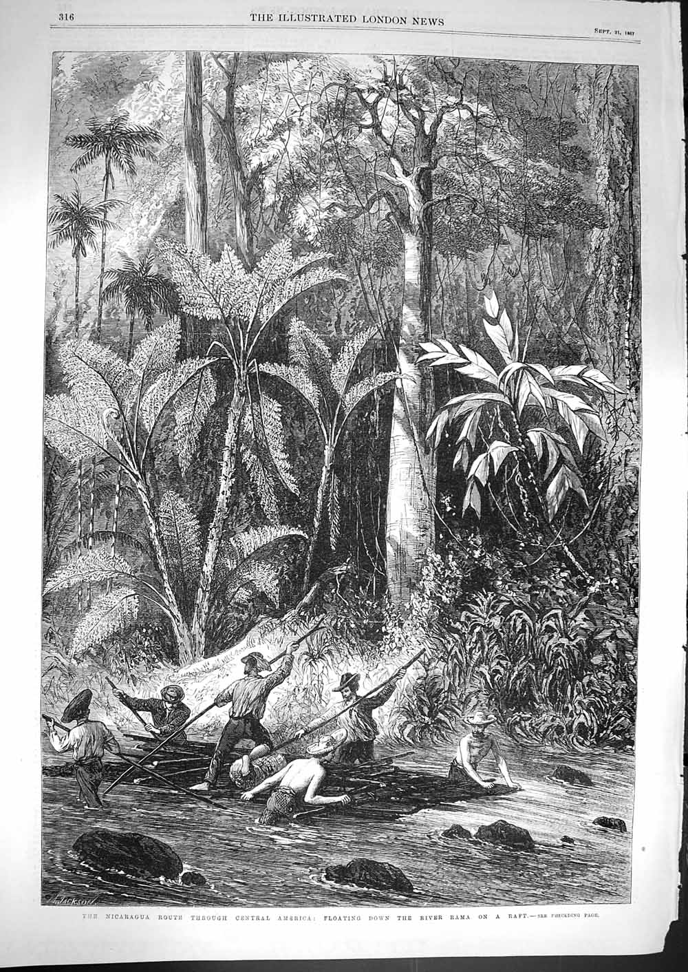 Original Old Antique Print 1867 Nicargua Route Central America River Rama Raft