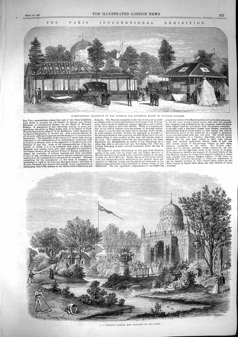 Original Old Antique Print 1867 Prussian Garden Pavilion Park Paris Exhibition