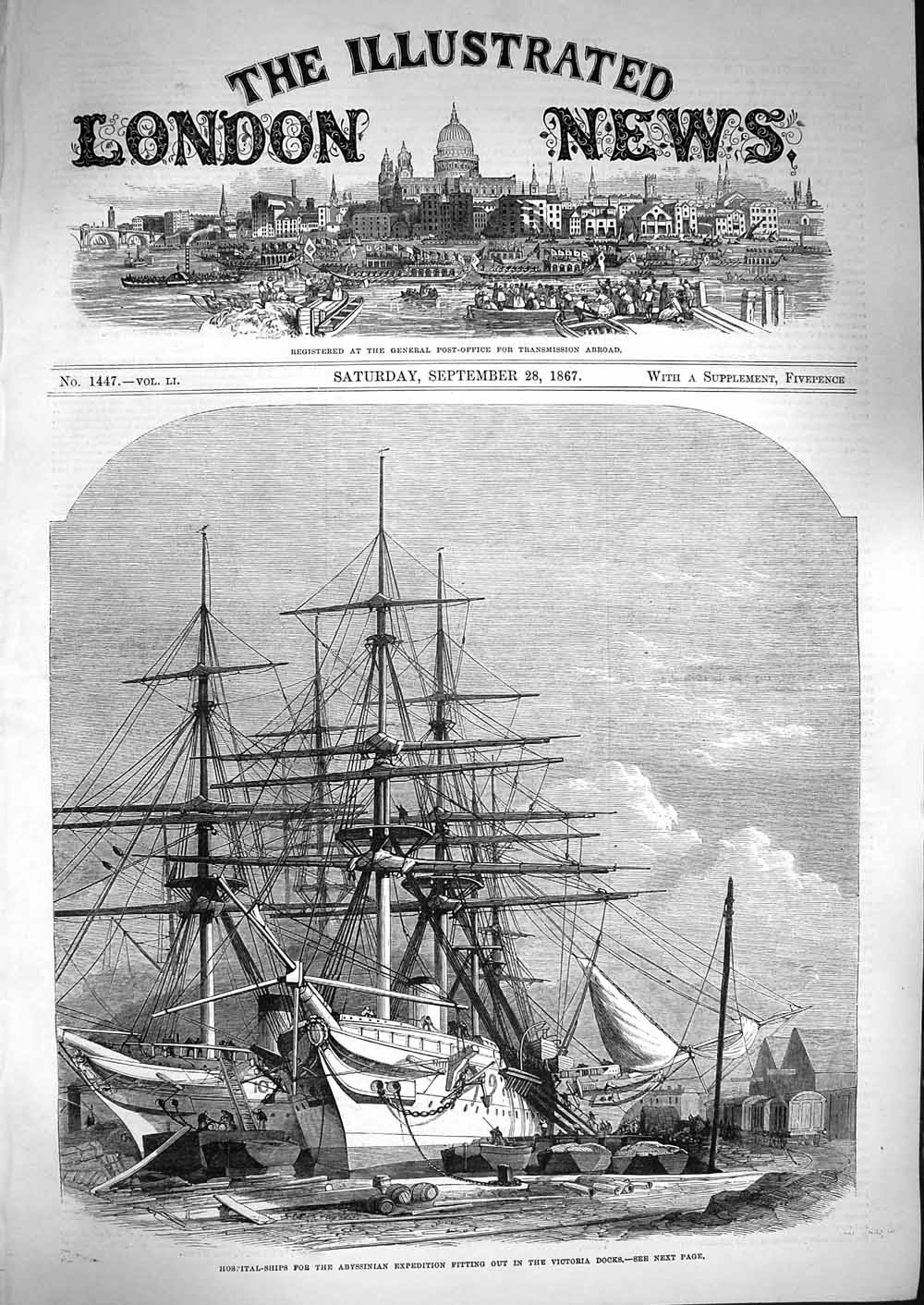 Original Old Antique Print 1867 Hospital Ship Abyssinian Expedition Victori 19th