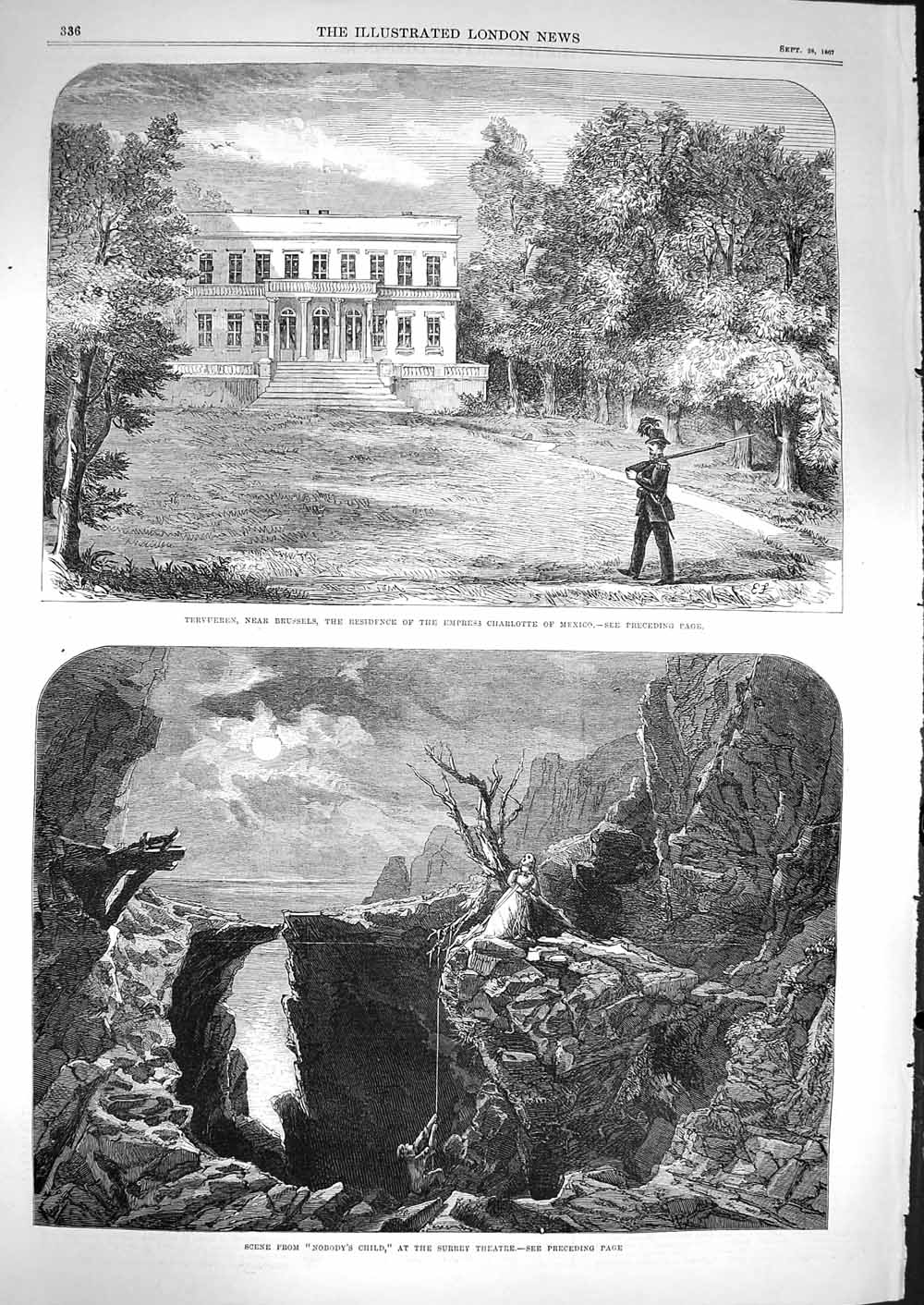 Original Old Antique Print 1867 Tervueren Brussels Empress Charlotte Theatre
