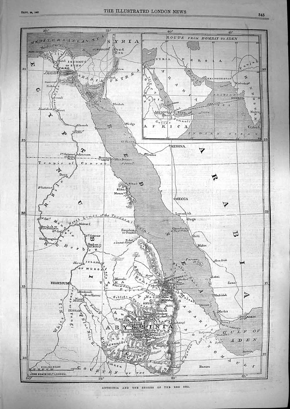 Original Old Antique Print 1867 Abyssinia Map Shores Red Sea Condar M Victorian