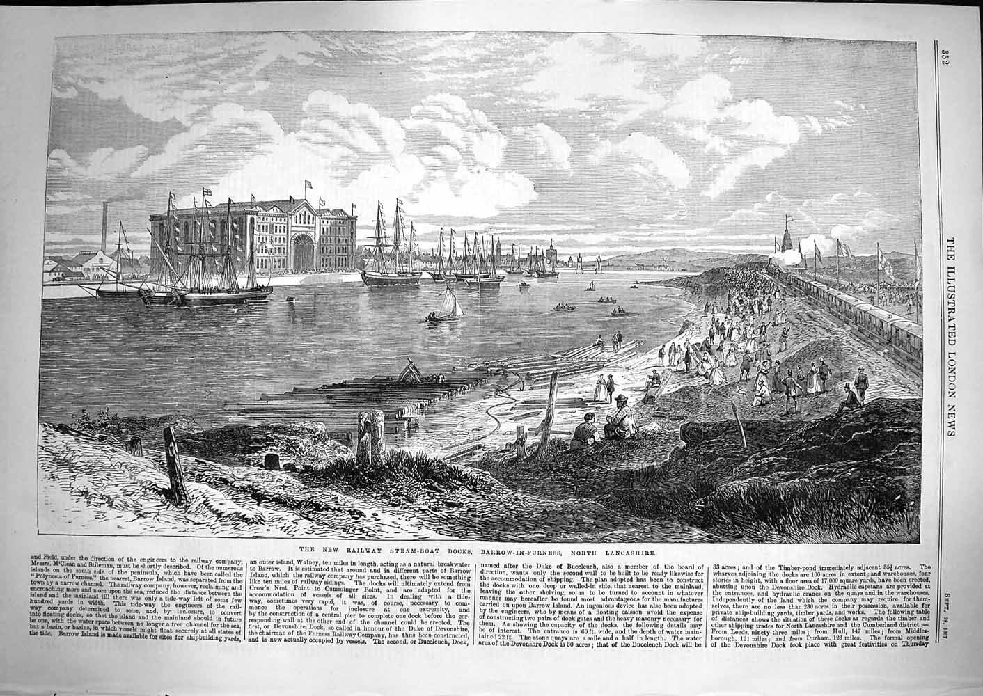 Original Old Antique Print 1867 Railway Steam-Boat Docks Barrow-In- Victorian