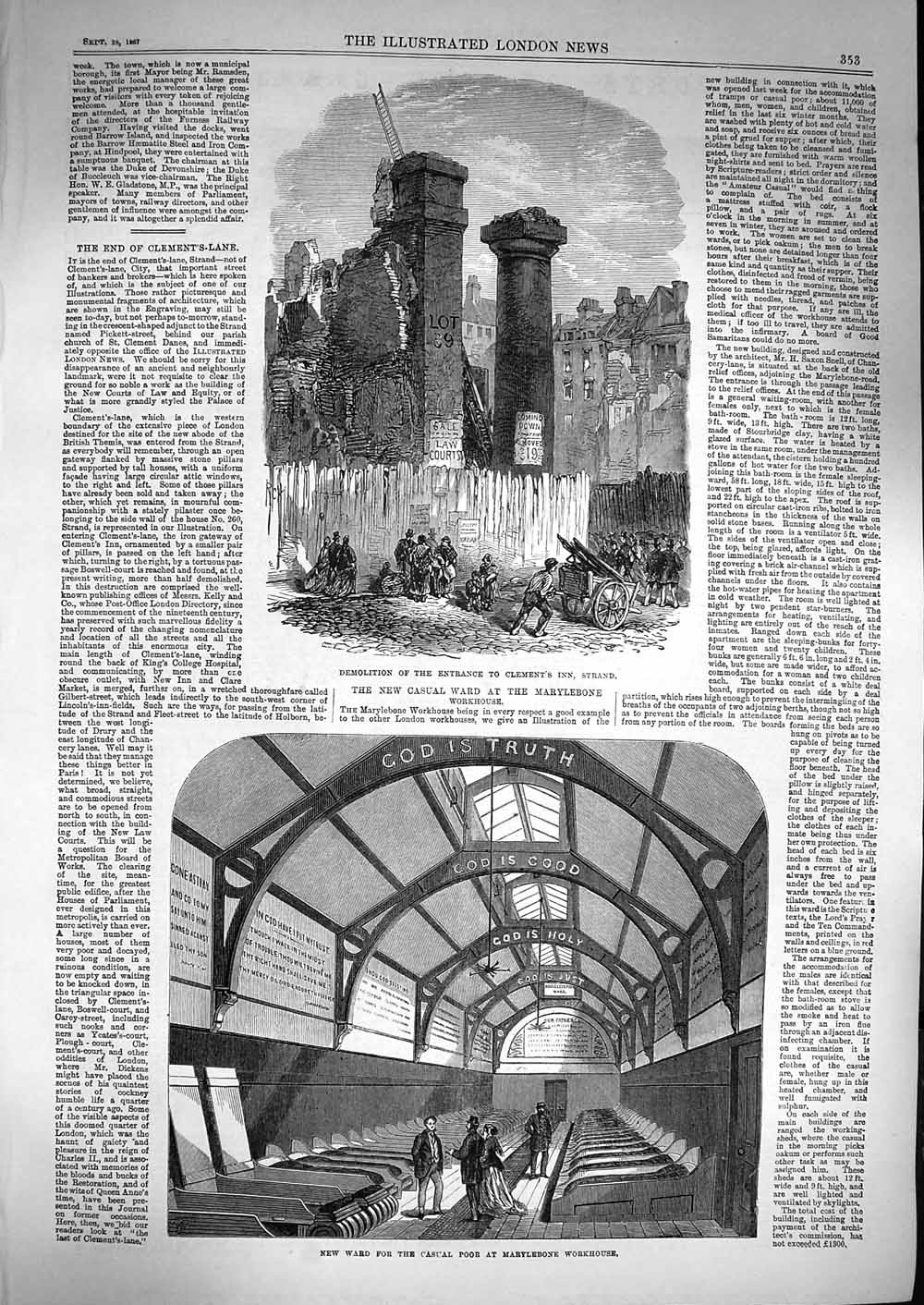 Old Antique Print 1867 Entrance Clement'S Inn Strand Marylebone Workhouse 19th