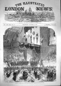 Original Old Antique Print 1867 Volunteer Ball Agricultural Hall Grand Dais