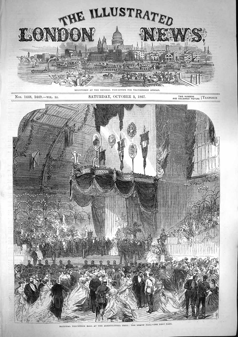 Original Old Antique Print 1867 Volunteer Ball Agricultural Hall Grand Dais