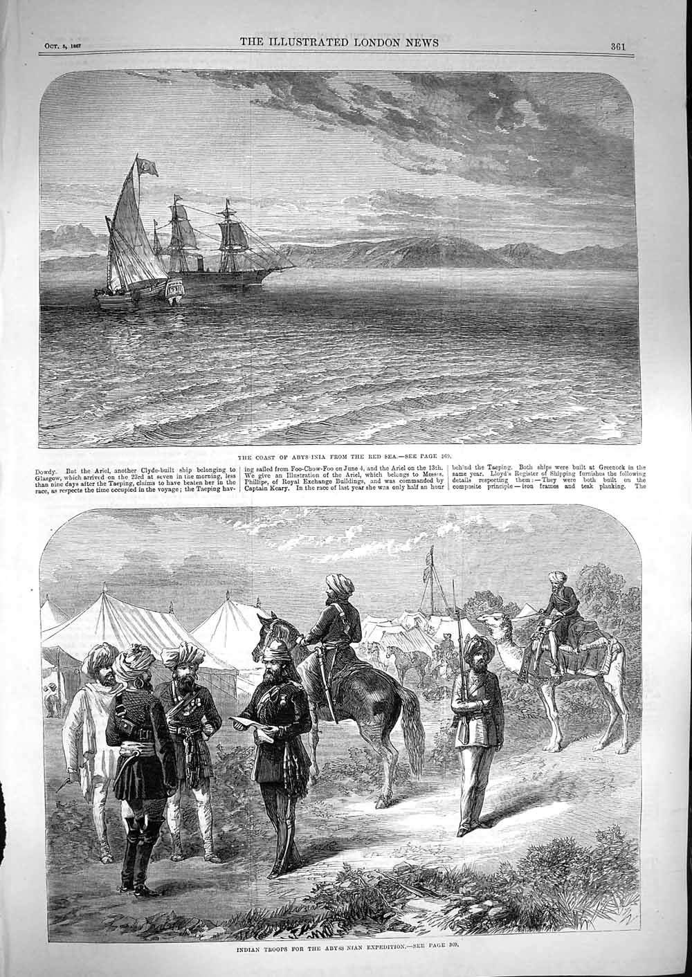Original Old Antique Print 1867 Coast Abyssinia Red Sea Ship Indian Troops War