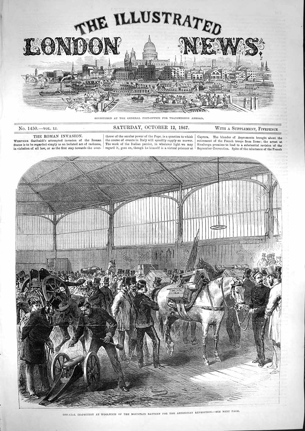 Original Old Antique Print 1867 Inspection Liverpool Mountain Battery Abyssinia