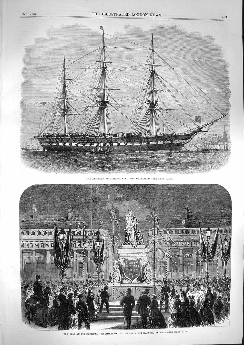 Original Old Antique Print 1867 American Frigate Franklin Ship Belgian National
