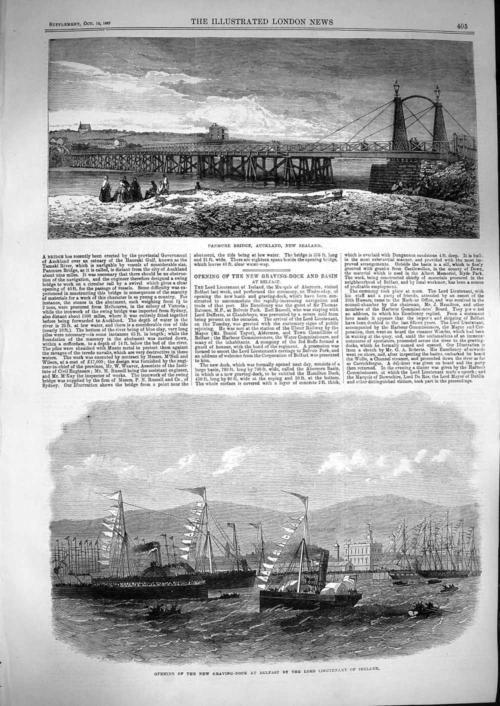 Old Antique Print 1867 Panmure Bridge Auckland New Zealand Dock Belfast 19th