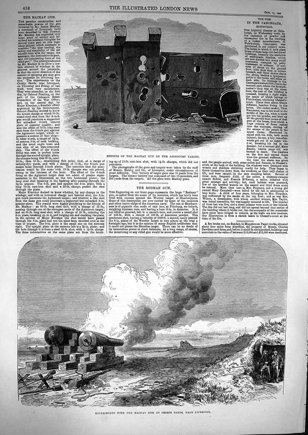 Original Old Antique Print 1867 Mackay Gun Agincourt Target Experiments 19th