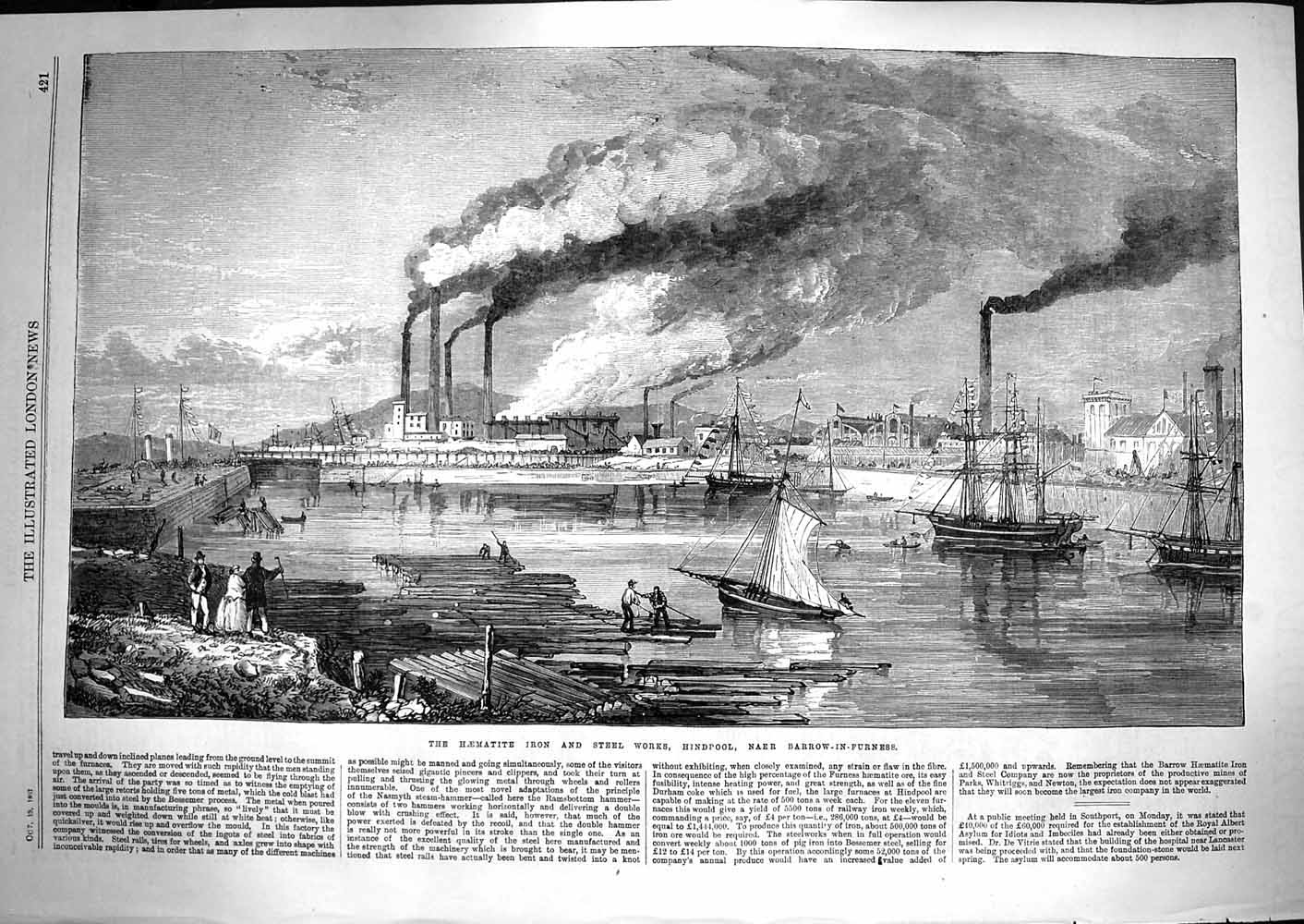 Old Antique Print 1867 Haematite Iron Steel Works Hindpool Barrow-Furness 19th
