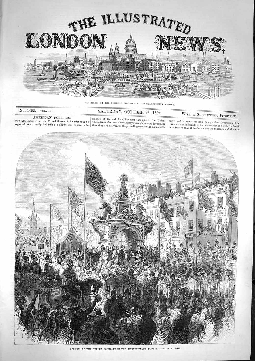 Original Old Antique Print 1867 Opening Dudley Fountain Market Place Victorian