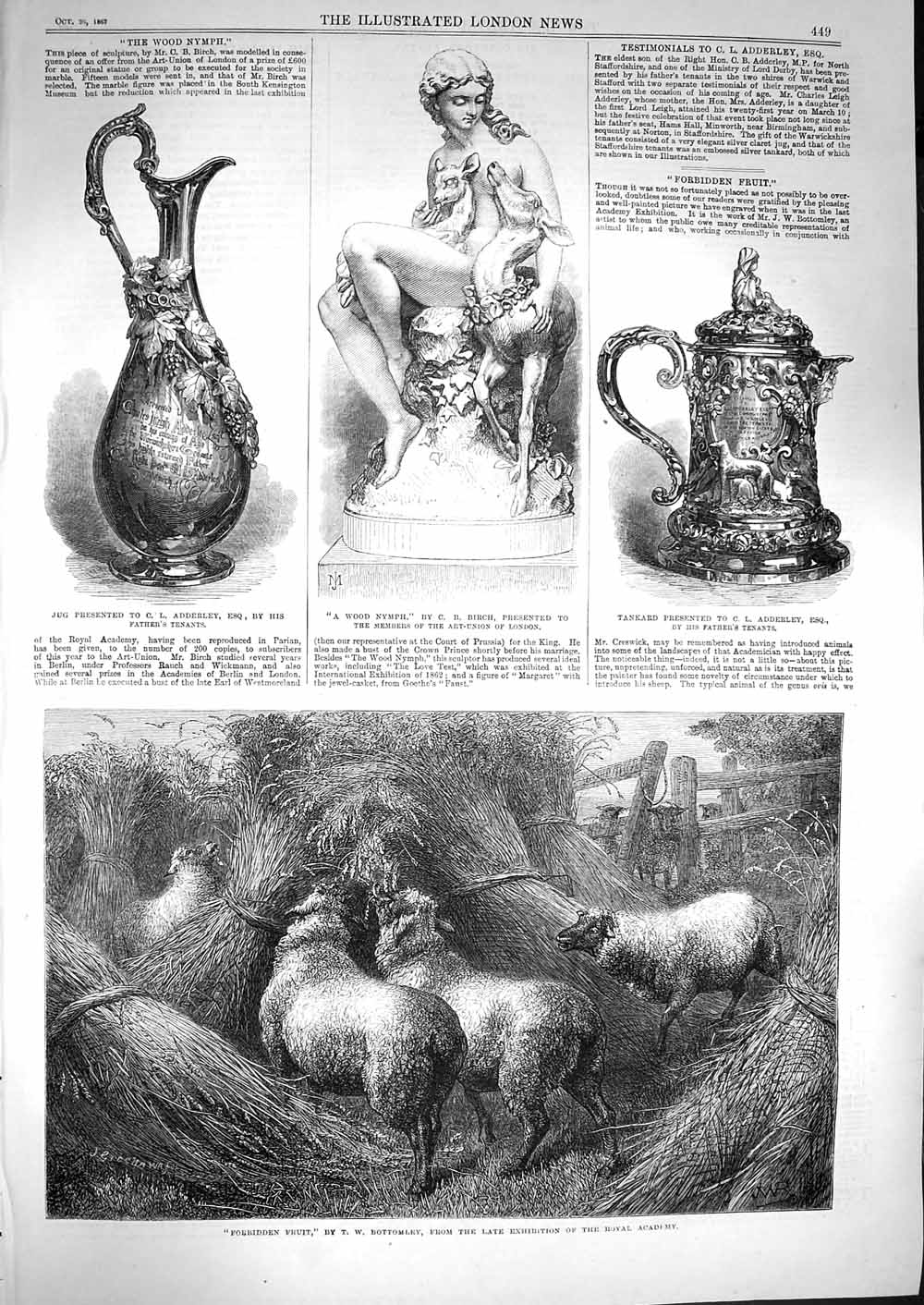 Old Antique Print 1867 Sheep Hay-Stacks Tankard Adderley Jug Wood Nymph 19th