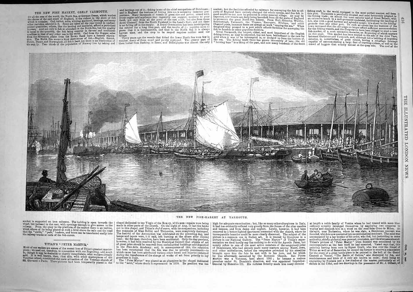 Original Old Antique Print 1867 New Fish Market Yarmouth Fishing Boats 19th