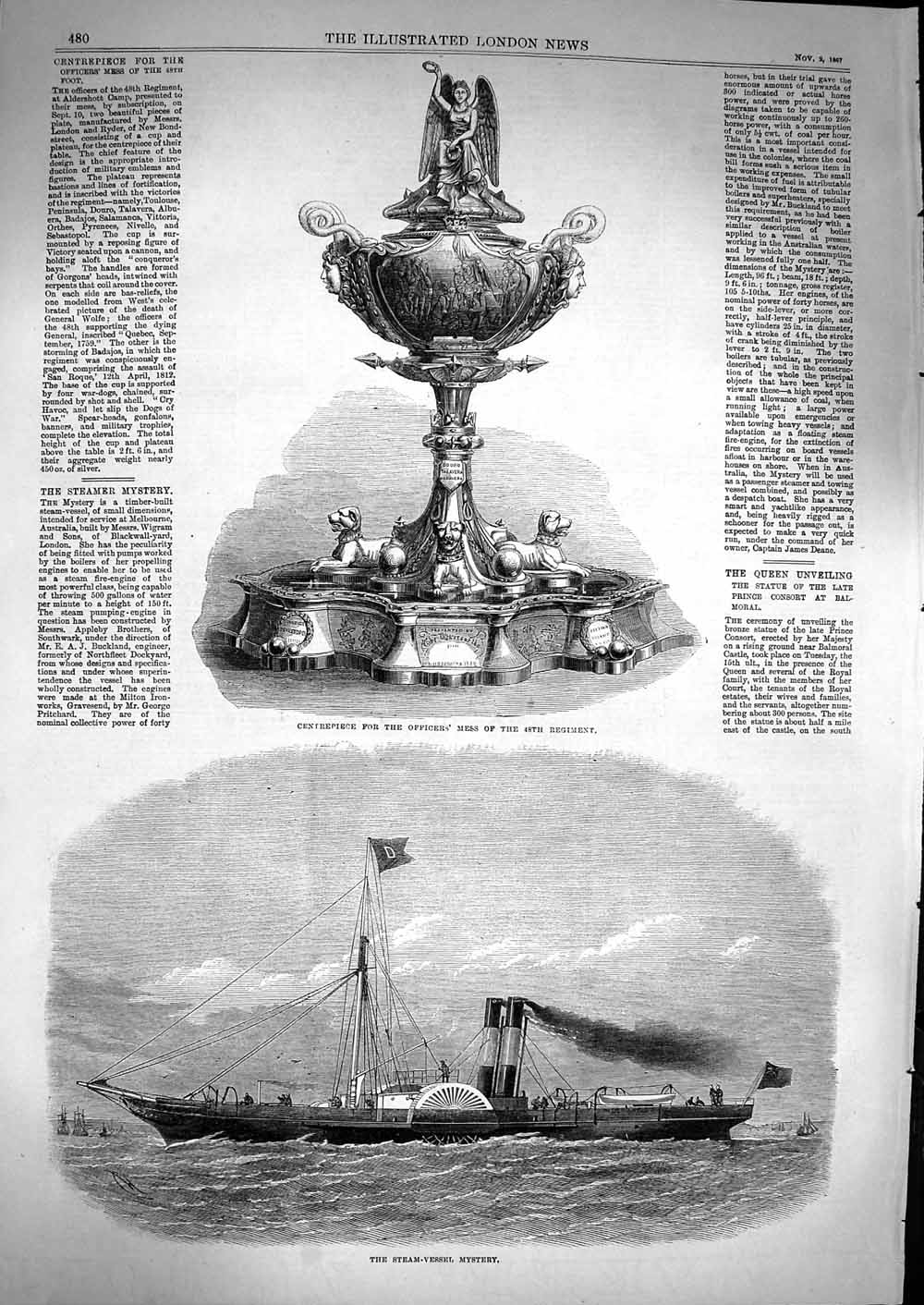 Original Old Antique Print 1867 Steam-Vessel Ship Mystery Centerpiece Regiment