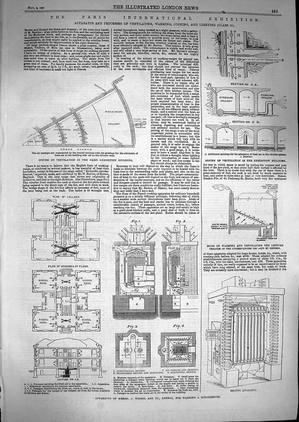 Old Antique Print 1867 Weibel Geneva Heating Apparatus Paris Exhibition 19th