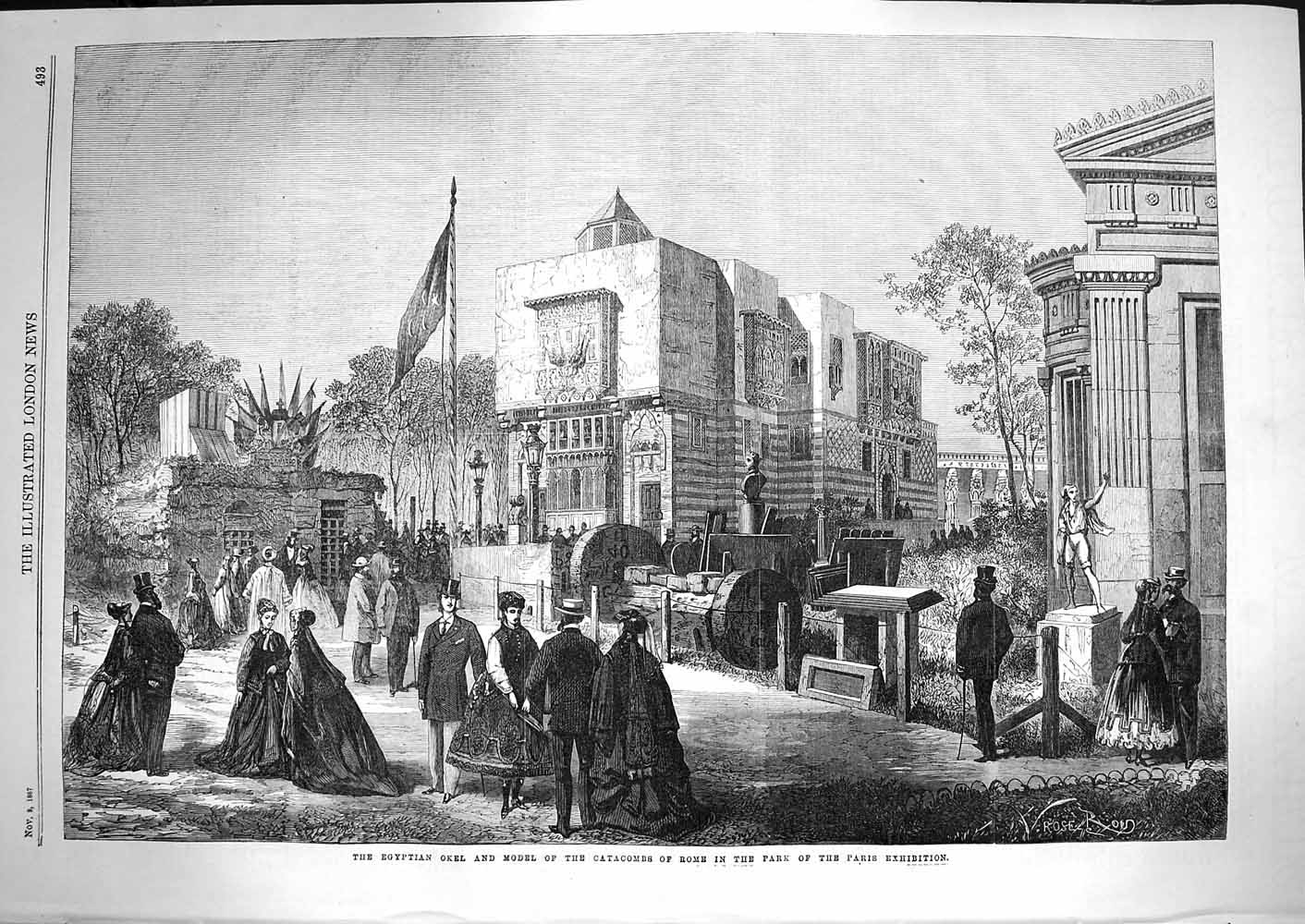 Original Old Antique Print 1867 Egyptian Okel Model Catacombs Rome Park Paris