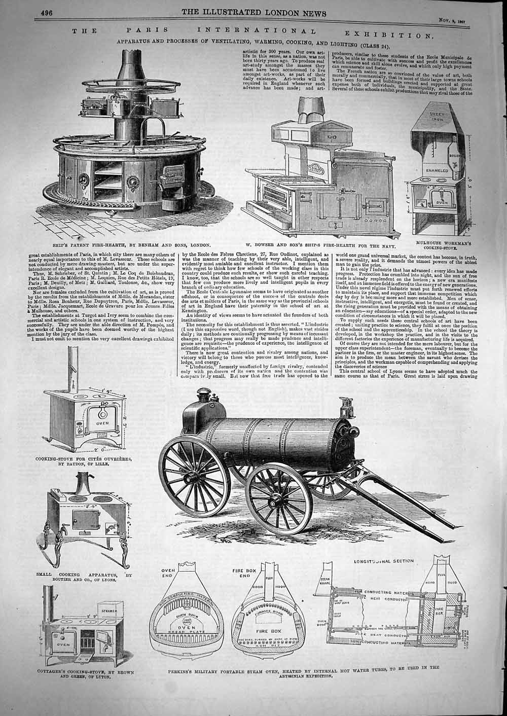 Original Old Antique Print 1867 Perkins Military Steam Oven Bowser Fire-Hearth