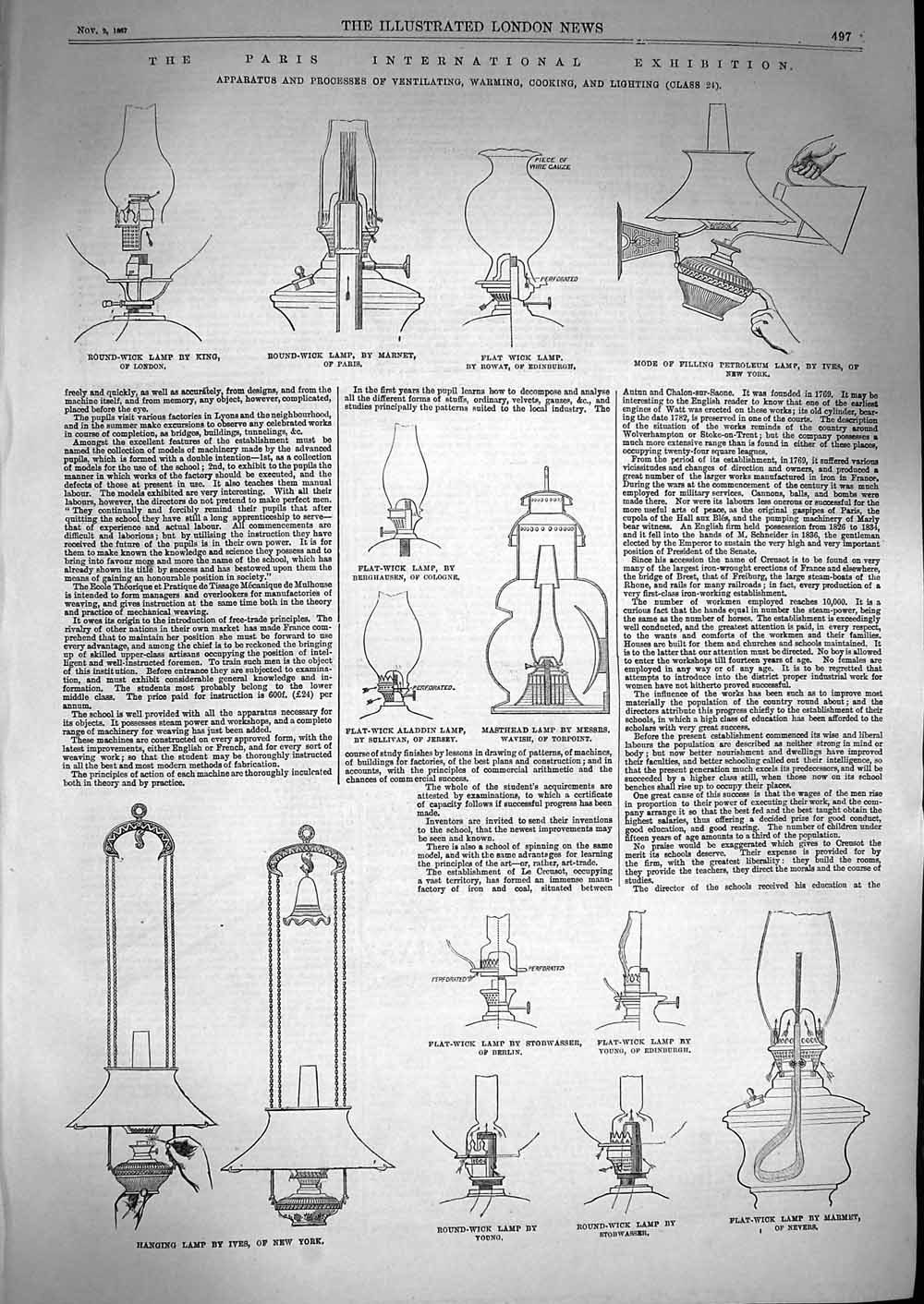 Original Old Antique Print 1867 Apparatus Ventilating Warming Cooking Lighting