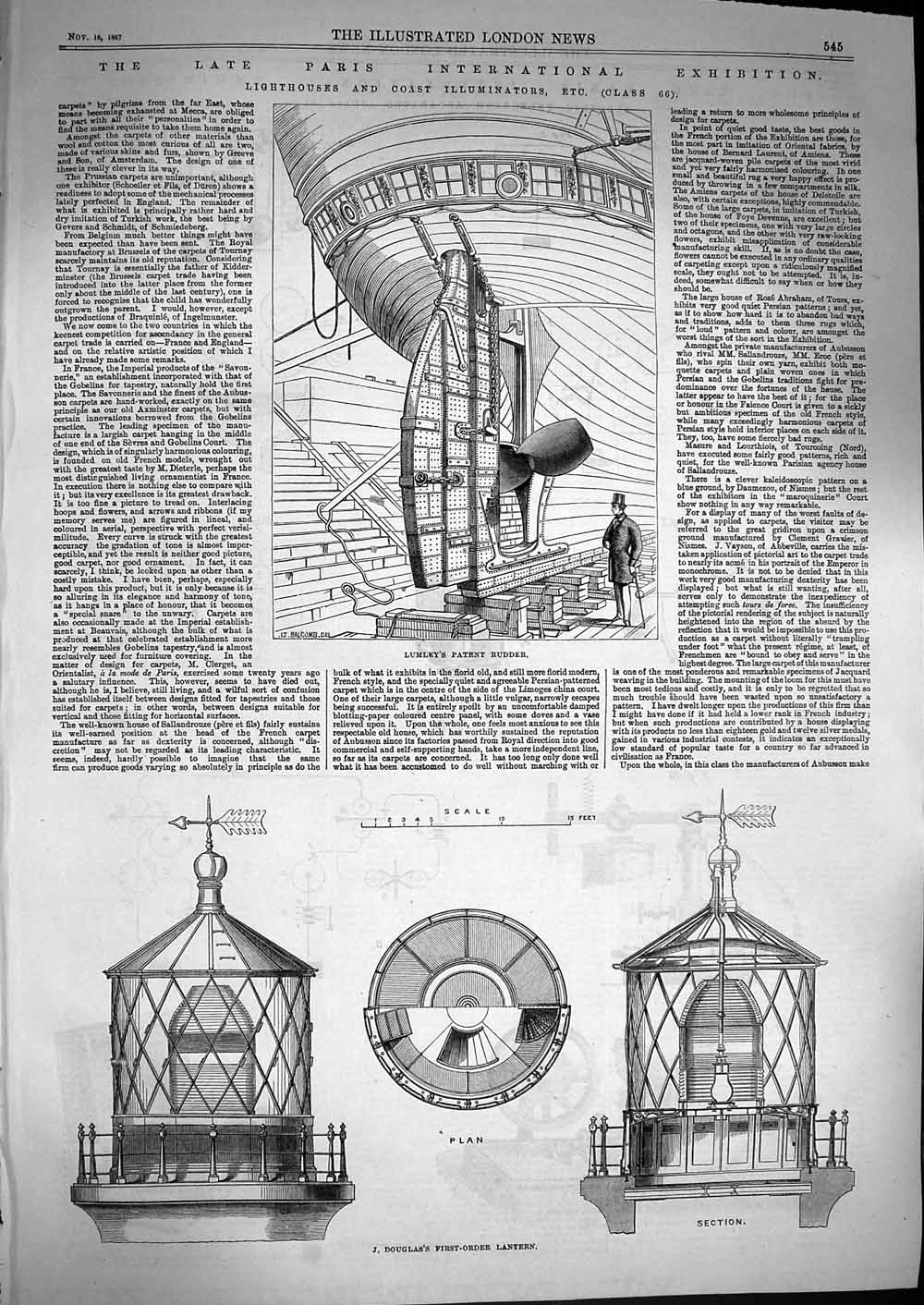 Original Old Antique Print 1867 Lumley Patent Rudder Douglas Lantern Lighthouse